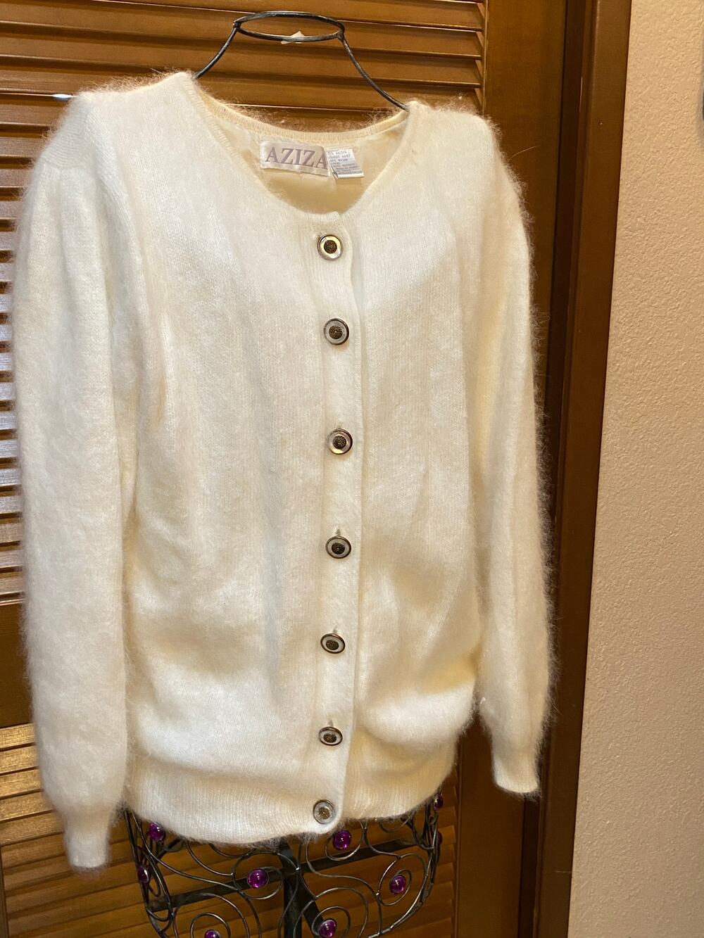 Vintage AZIZA Off-White Angola Rabbit Hair Cardigan No size tag see measurements